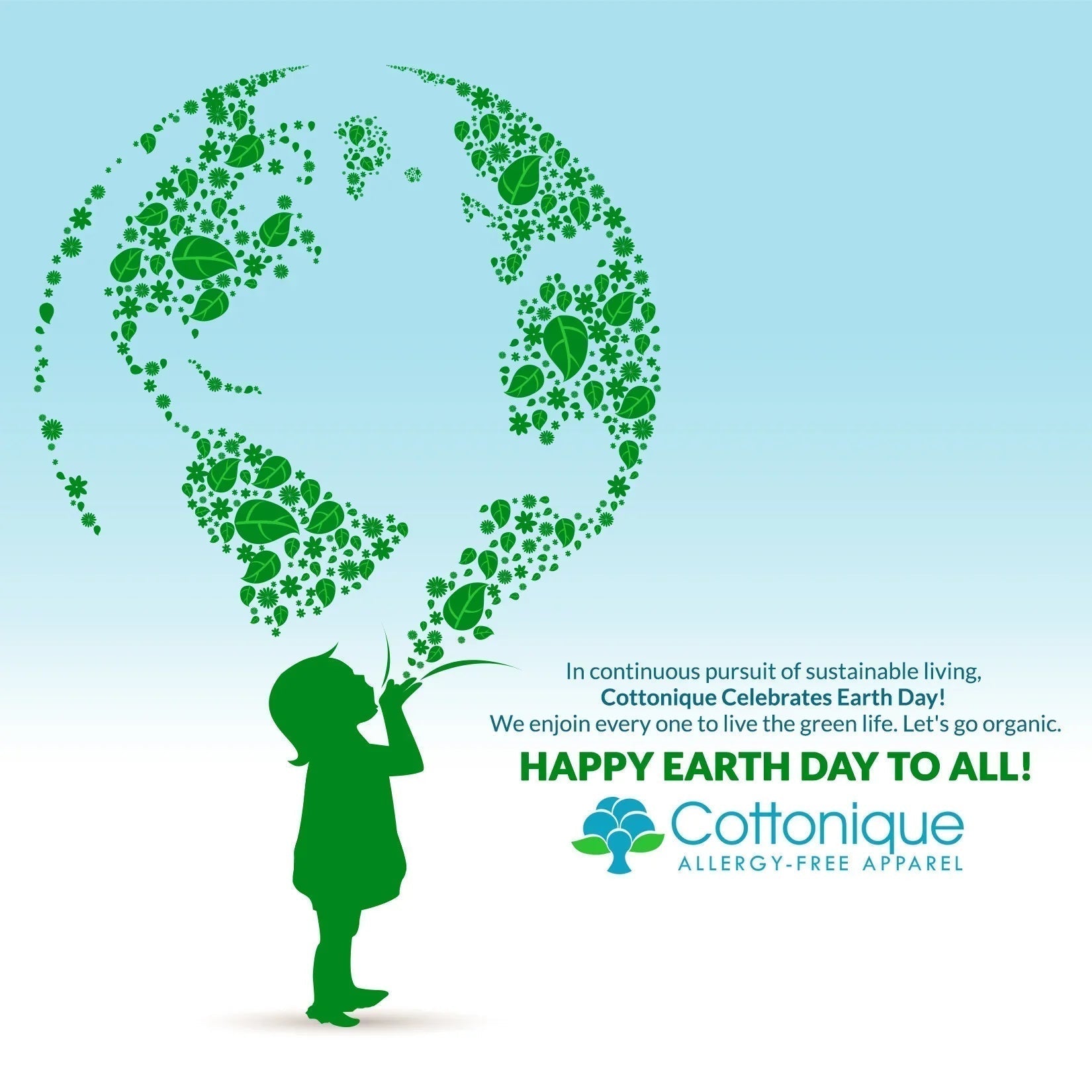 Child blowing green leaf and flower shapes forming Earth on Earth Day, eco-friendly concept