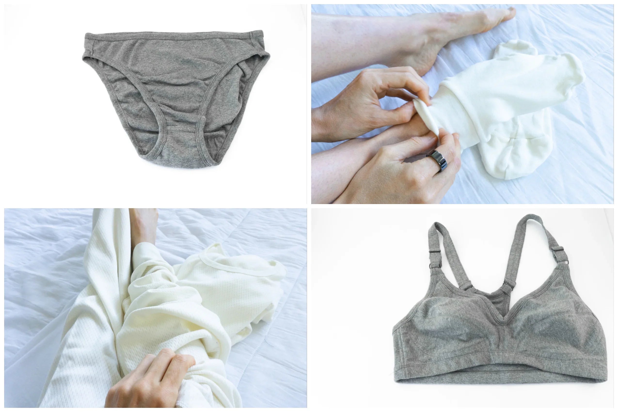 organic cotton underwear, bra, and soft clothing for sensitive skin on white background