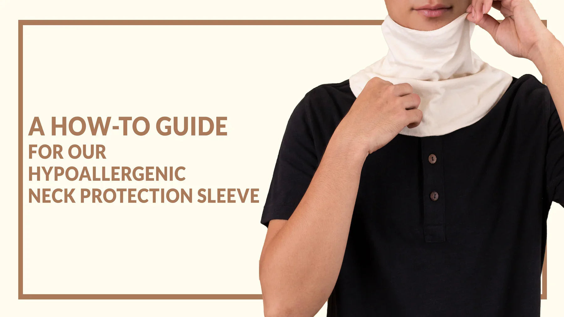 Person wearing hypoallergenic cotton neck protection sleeve from Cottonique, with guide text.