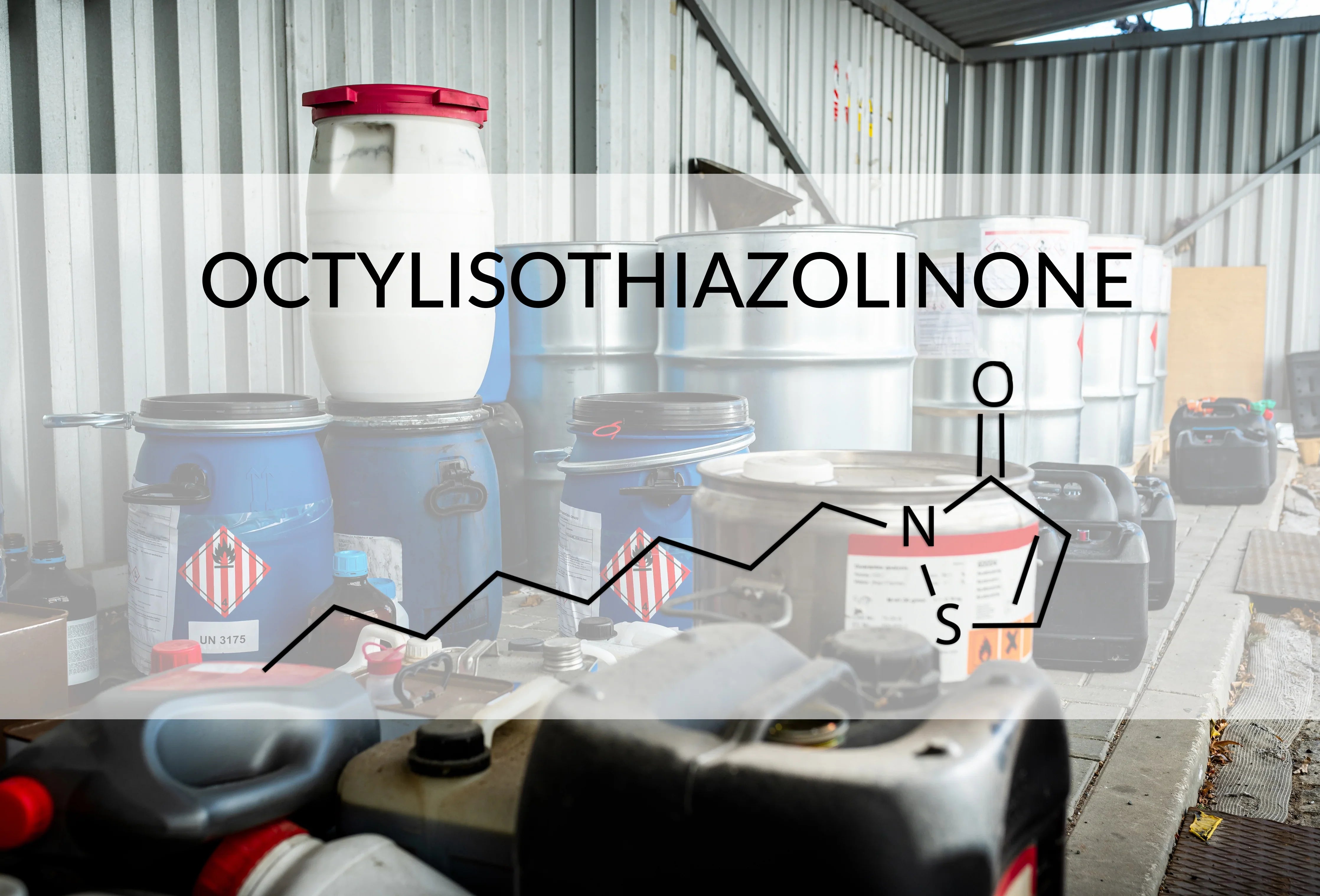 Chemical barrels and containers in an industrial setting with 'Octylisothiazolinone' text and formula, related to hypoallergenic cotton clothing industry.