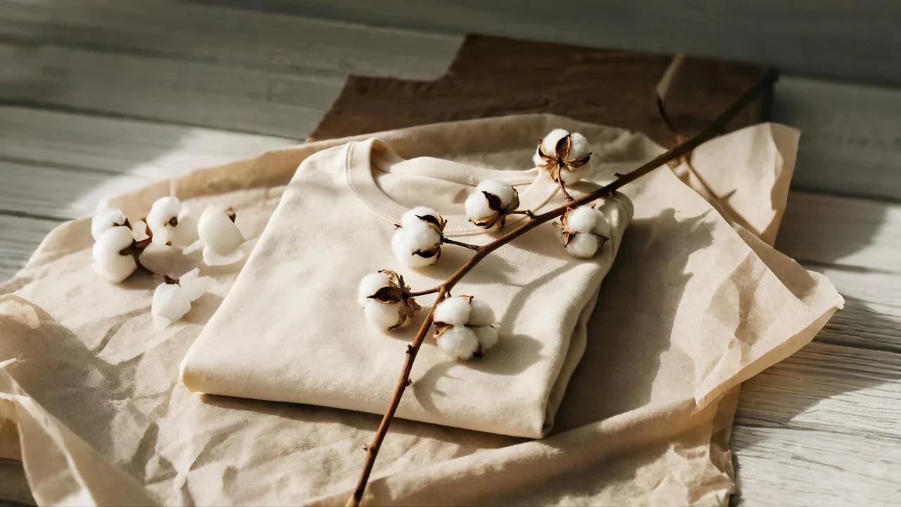 Folded organic cotton shirt with cotton branch on natural paper, soft allergy-friendly apparel