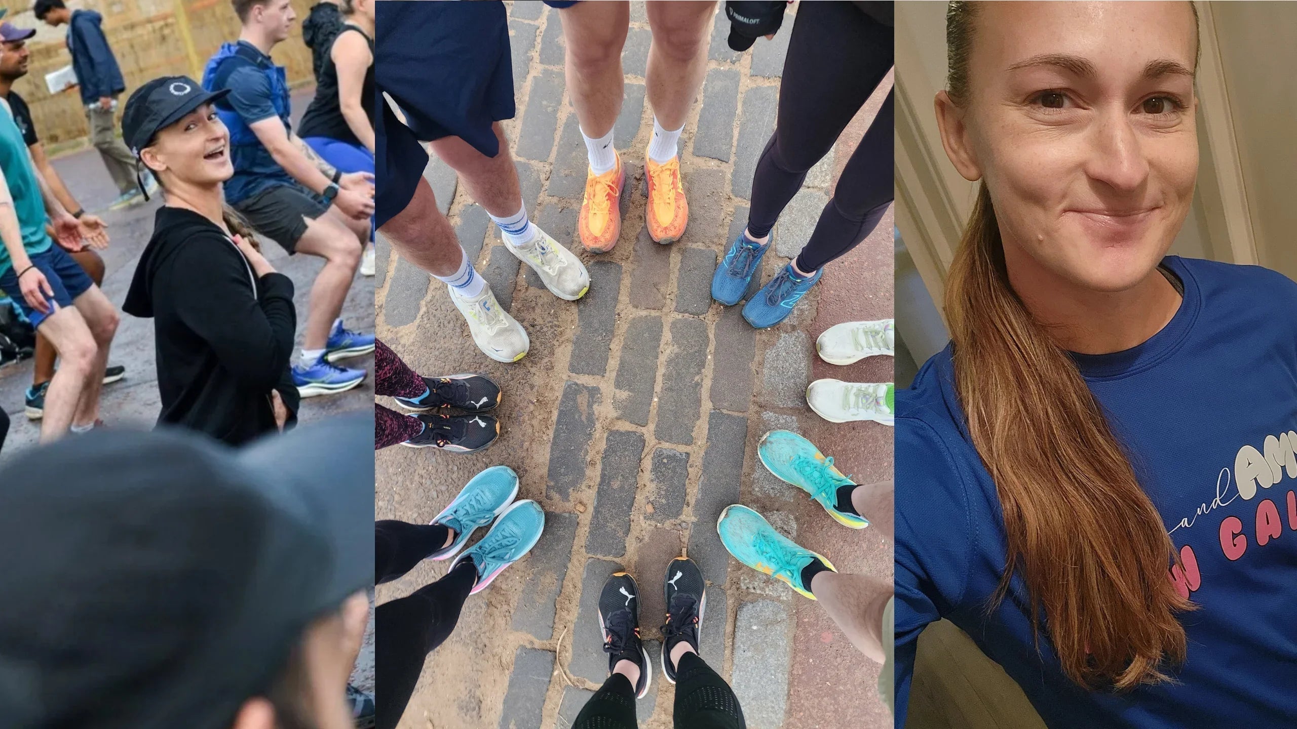 Group of runners stretching, colorful running shoes in a circle, woman in athletic shirt smiling