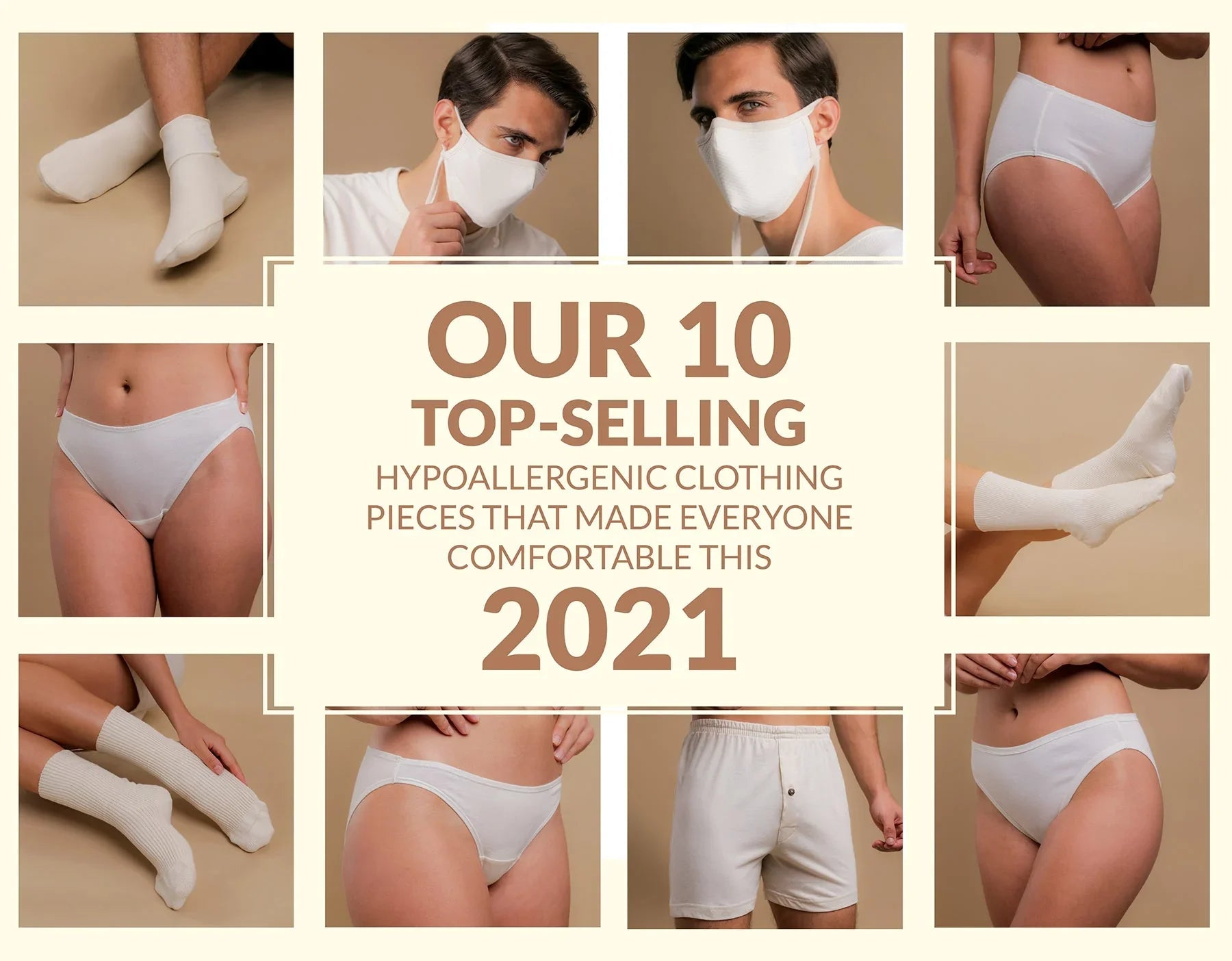 Cottonique allergy-free hypoallergenic socks, underwear, and face mask on models, beige background