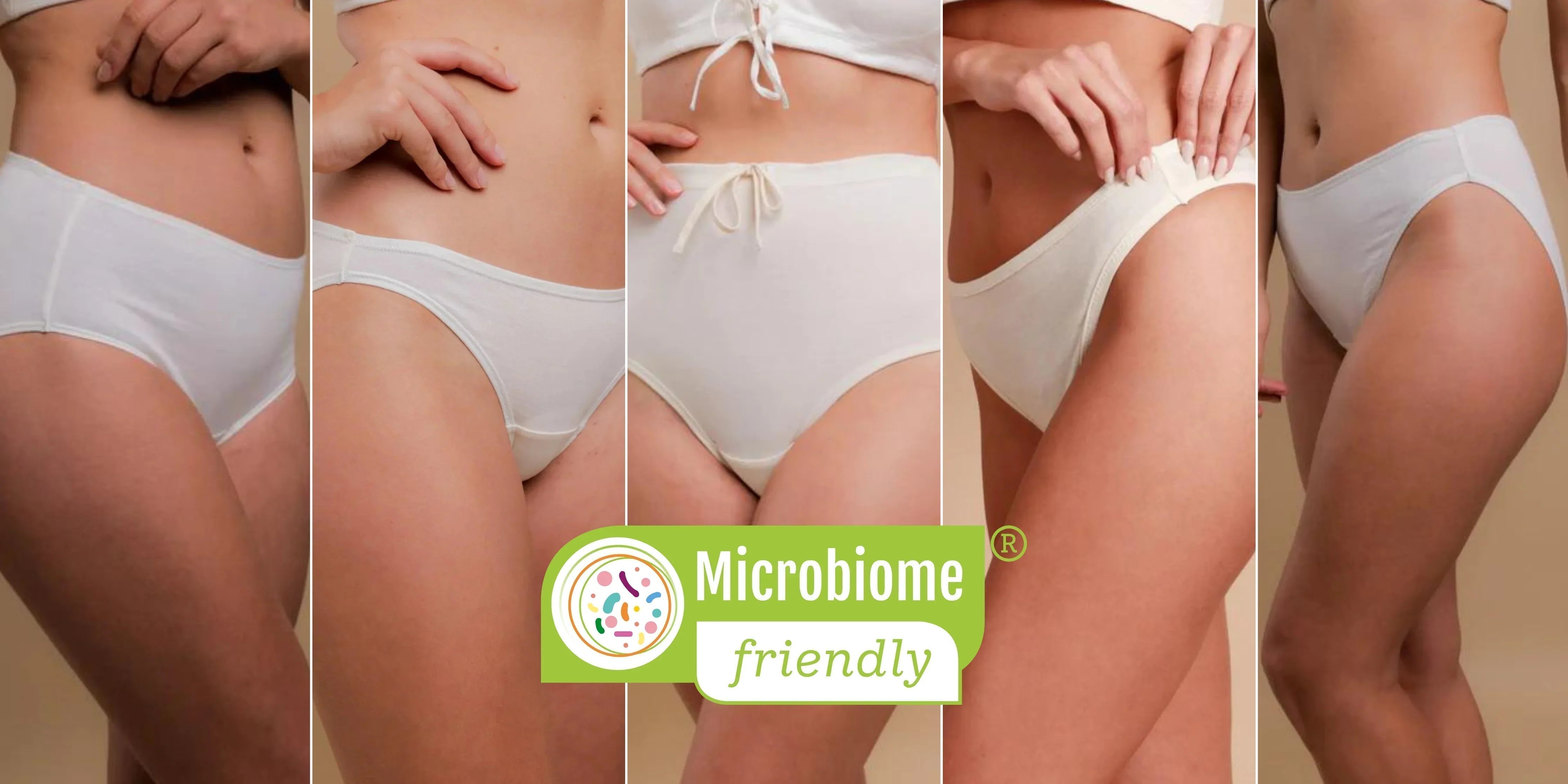 Women wearing Cottonique hypoallergenic, microbiome-friendly underwear in neutral tones