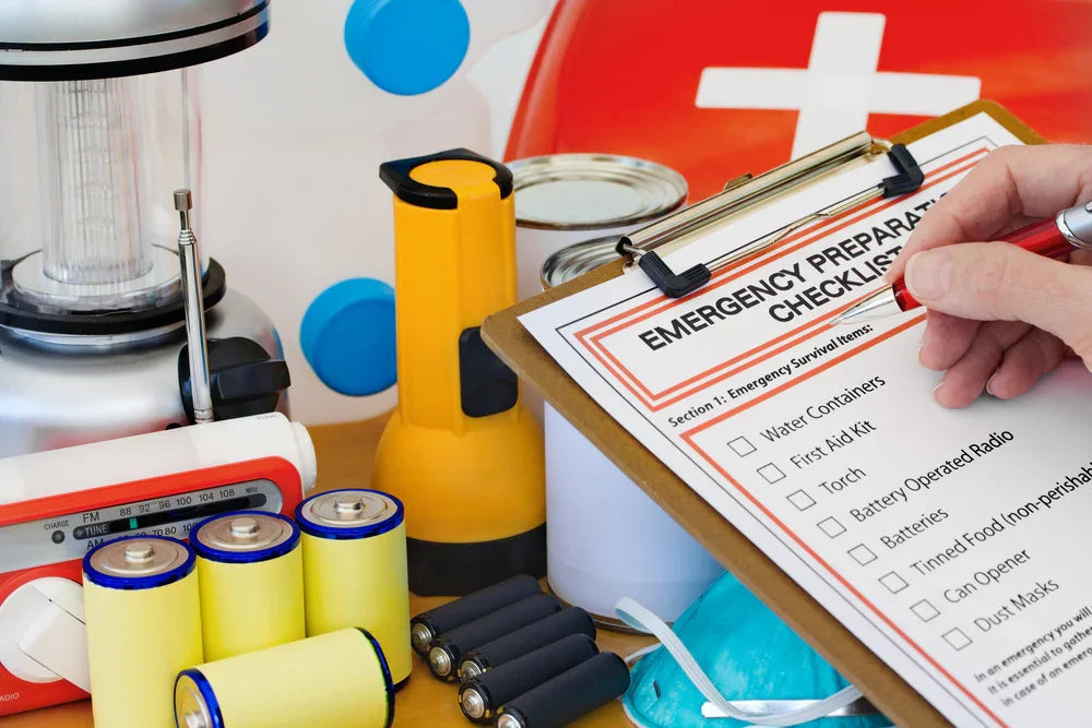 Emergency preparedness checklist with flashlight, radio, batteries, canned food, and medical kit