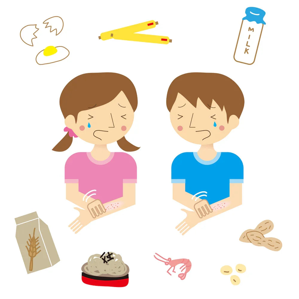 Illustration of boy and girl with skin reactions from food allergies, surrounded by allergy triggers like eggs, milk, wheat, peanuts, and shrimp. Allergy-free apparel concept for sensitive skin.