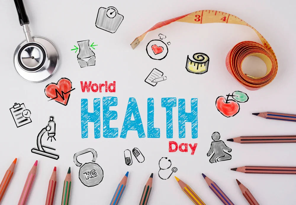 World Health Day concept with stethoscope, tape measure, health icons, and colored pencils