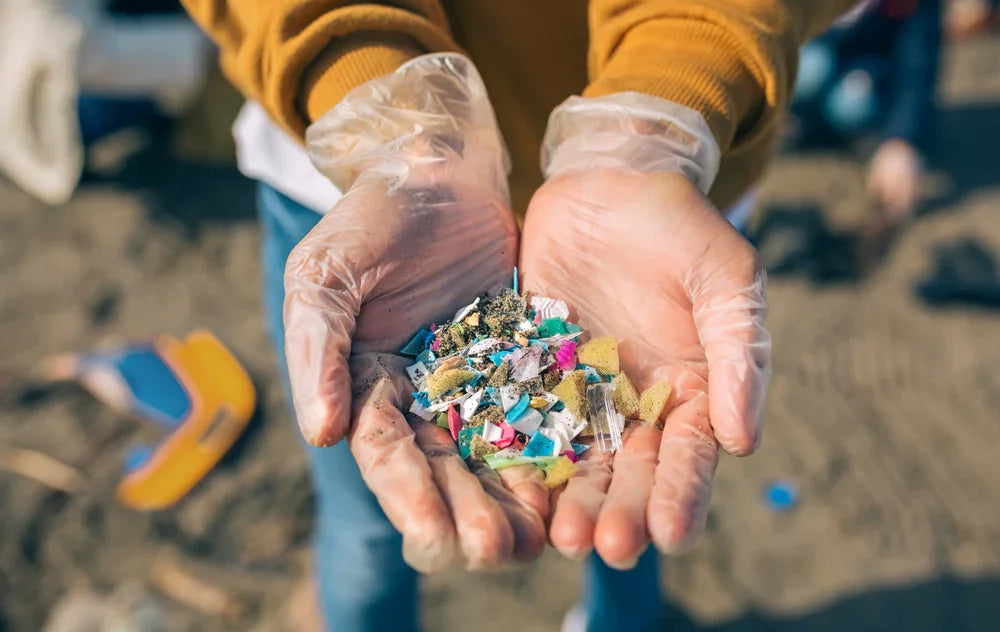 Gloved hands holding colorful microplastic fragments on a sandy beach