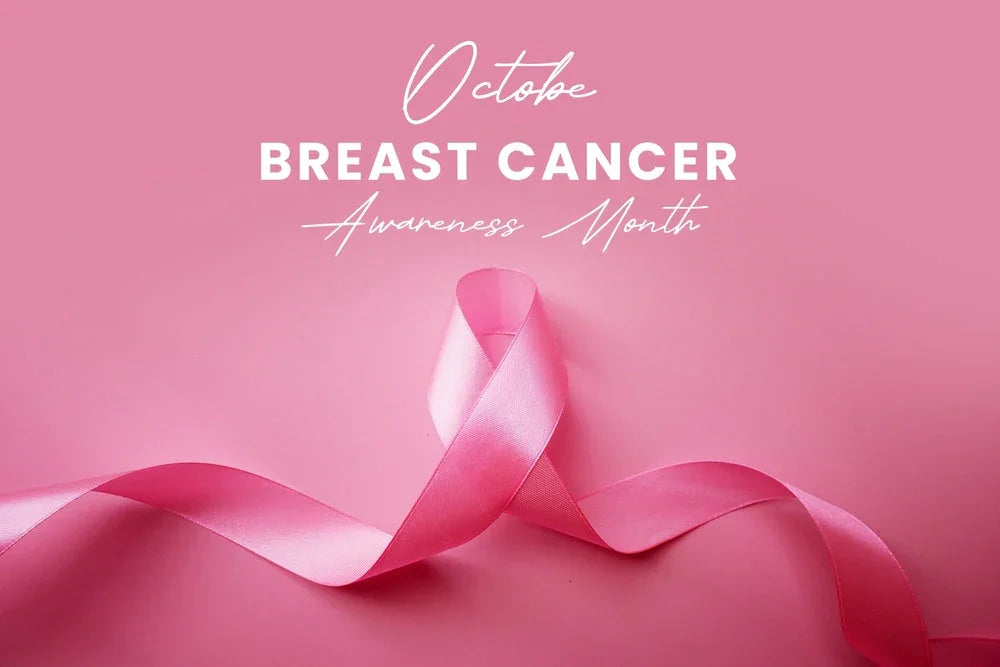 Pink ribbon on pink background for October Breast Cancer Awareness Month, Cottonique hypoallergenic apparel