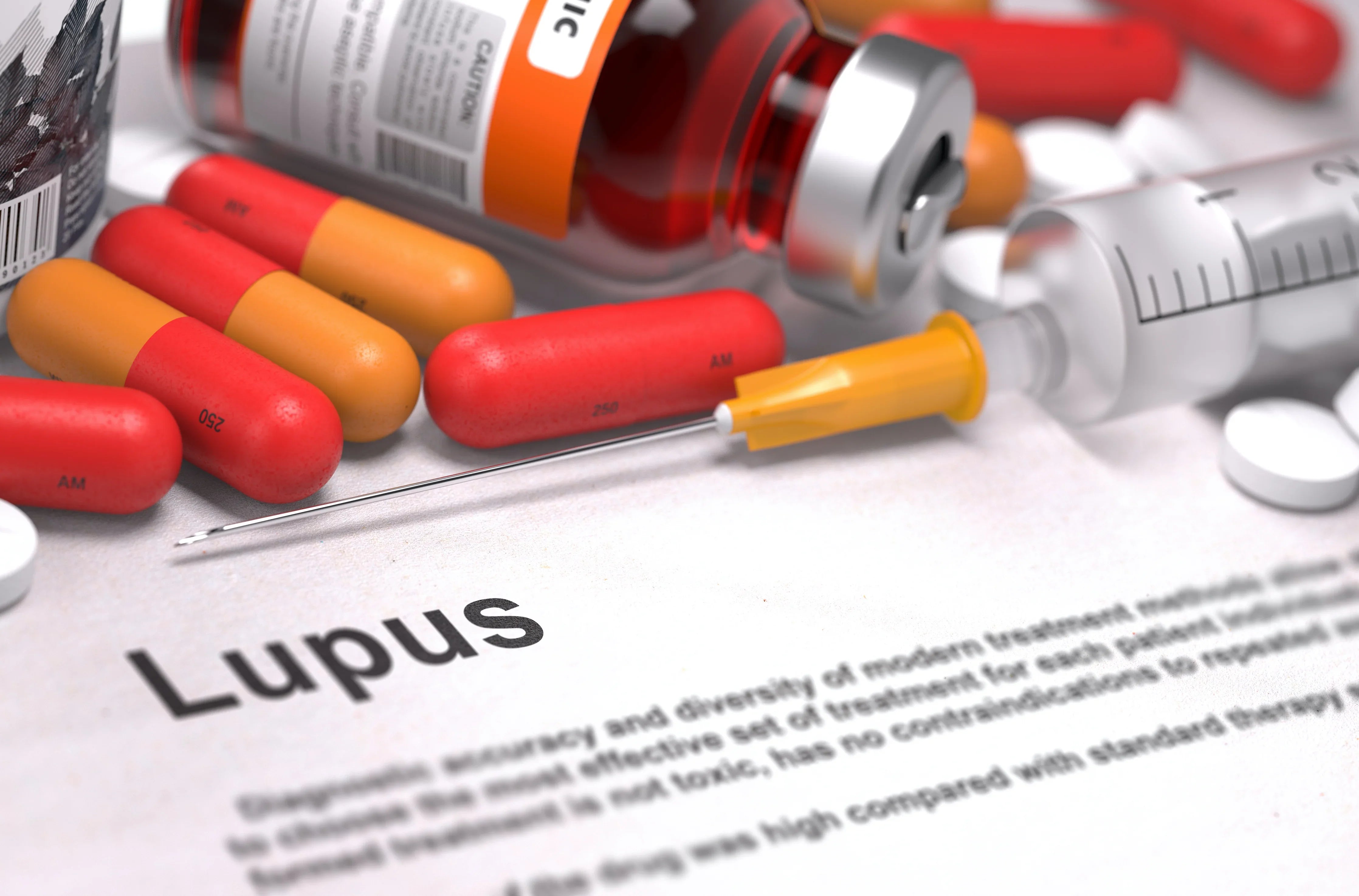 Lupus document with medication pills, syringe, and vial, autoimmune disease concept