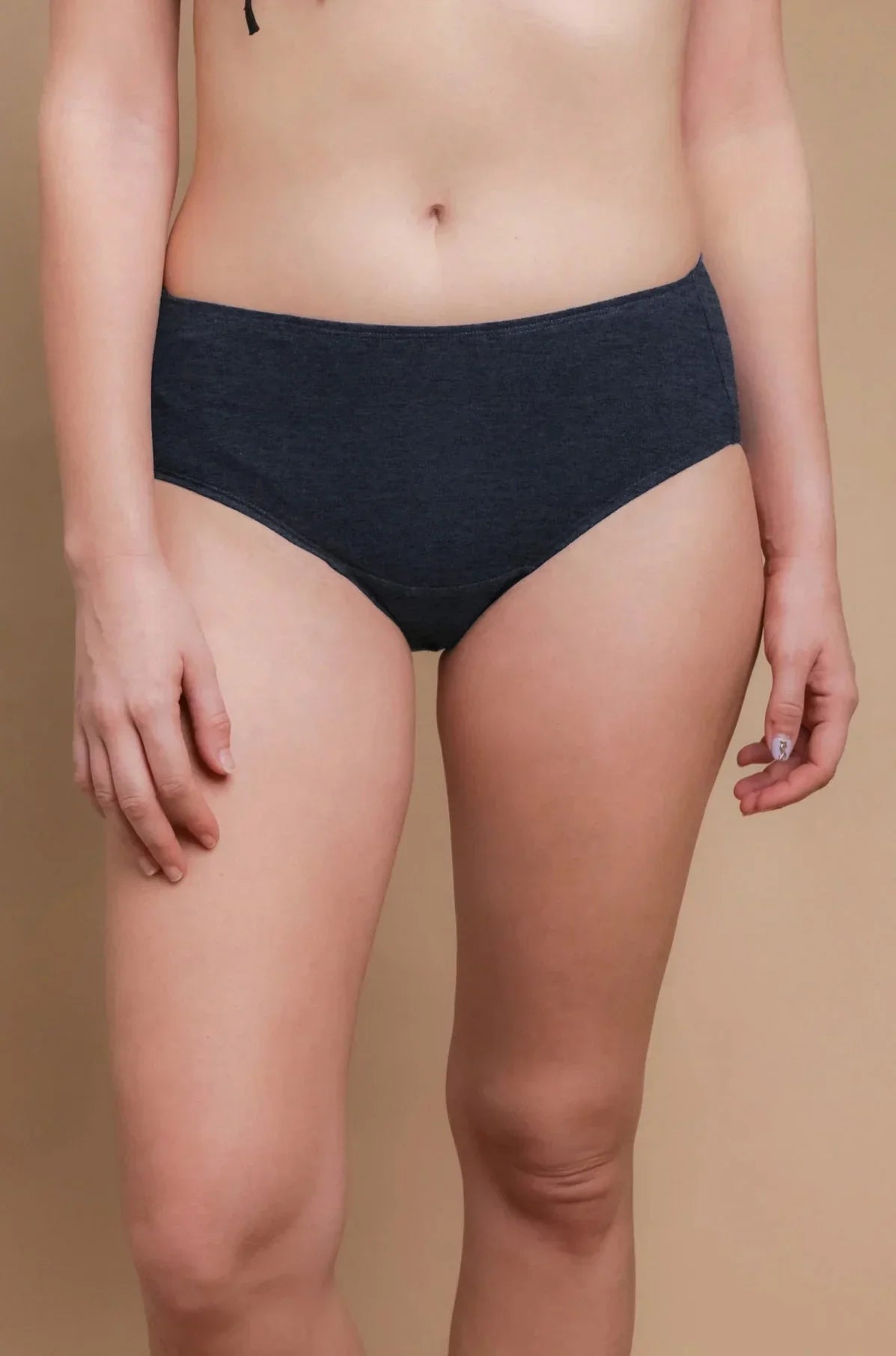 Woman wearing dark gray hypoallergenic high-waist cotton underwear from Cottonique