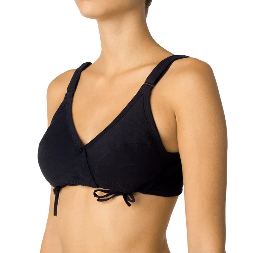 Woman wearing black hypoallergenic cotton bra by Cottonique, allergy-free apparel